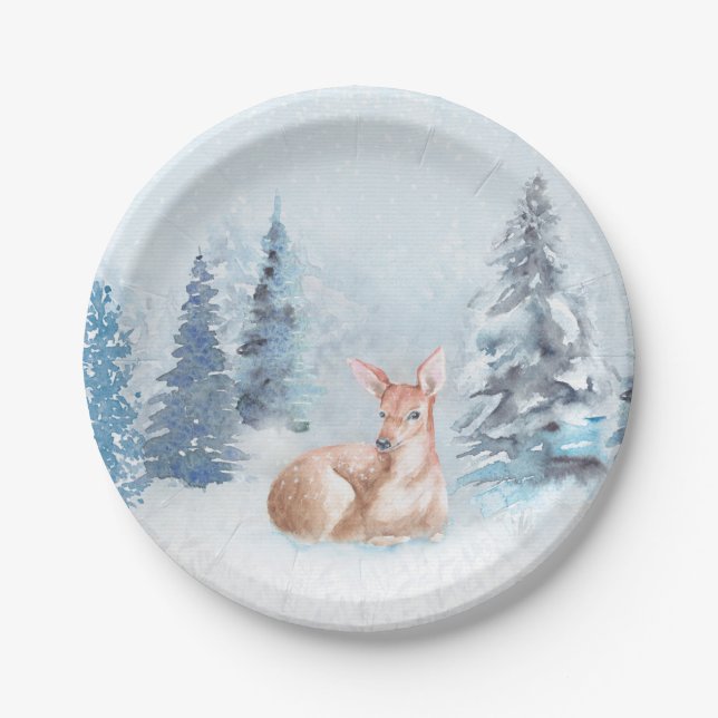 Chic Winter Watercolor Deer in Forest Paper Plates (Front)