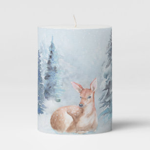 Chic Winter Watercolor Deer in Forest Pillar Candle