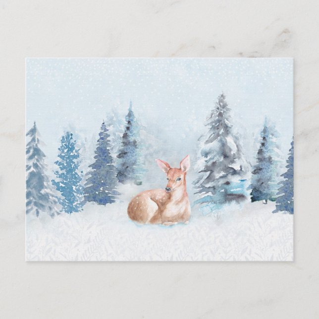 Chic Winter Watercolor Deer in Forest Postcard (Front)