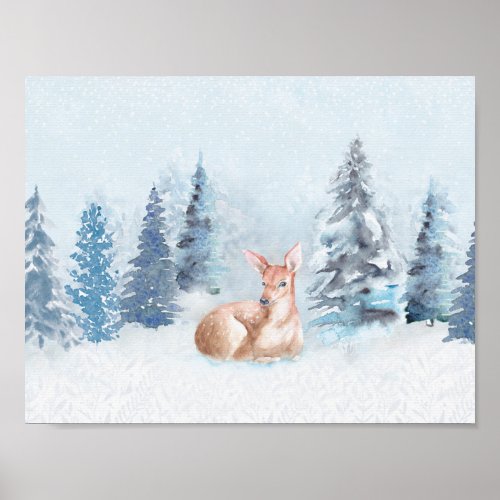 Chic Winter Watercolor Deer in Forest Poster