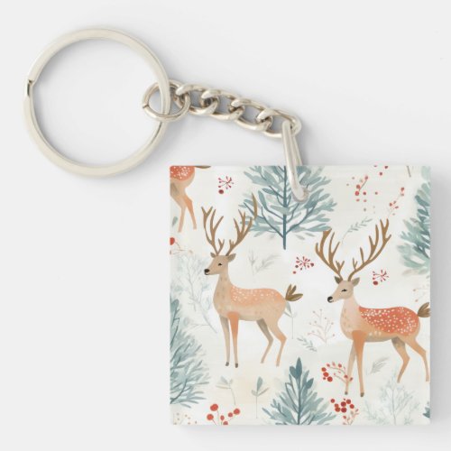 Chic Winter Watercolor Deers in Forest Christmas  Keychain