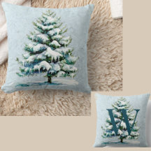 Chic Winter Watercolor Snowy Spruce Tree Monogram