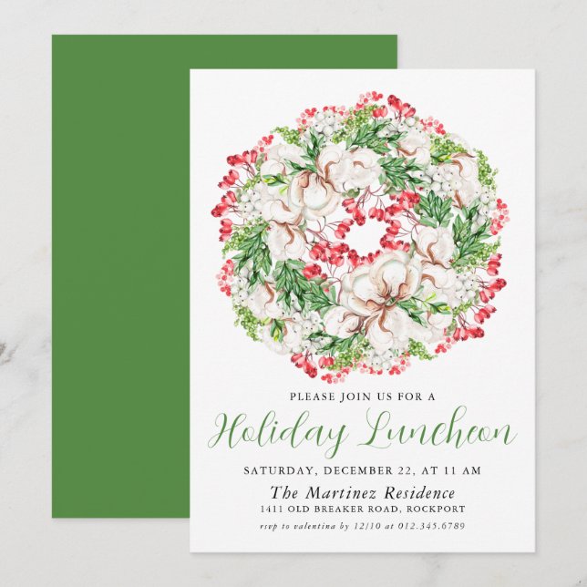 Chic Winter Watercolor Wreath Holiday Luncheon Invitation (Front/Back)