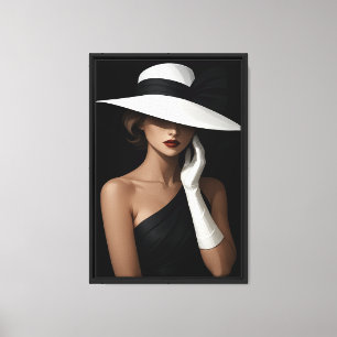 Chic Woman in White Hat and Black Dress Canvas Print