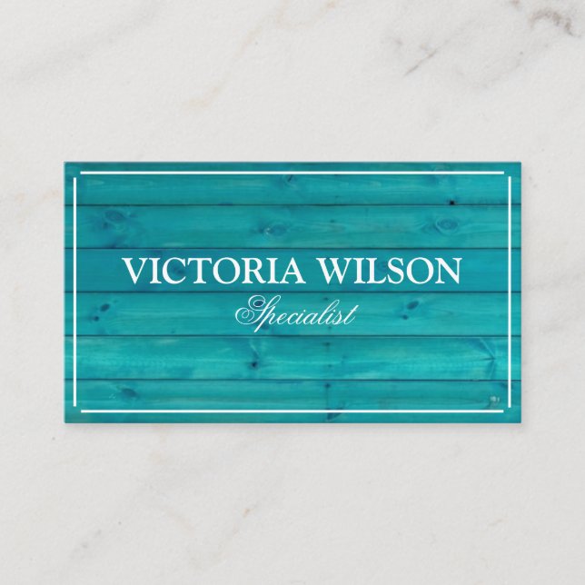 Chic wood blue turquoise and white business card (Front)