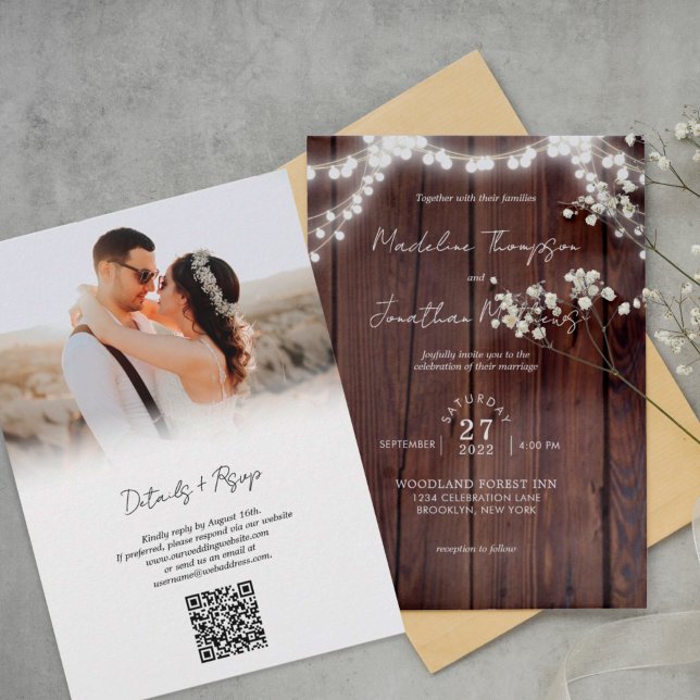 Chic Wood String Lights Photo Wedding QR Code Rsvp Invitation (Creator Uploaded)