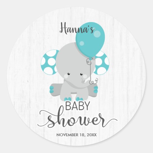 Chic Wood Teal Elephant Gender Neutral Baby Shower Classic Round Sticker