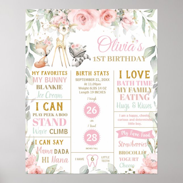Chic Woodland 1st Birthday Milestone Birth Stats   Poster (Front)