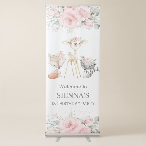 Chic Woodland Animal Pink Floral Birthday Welcome Retractable Banner
