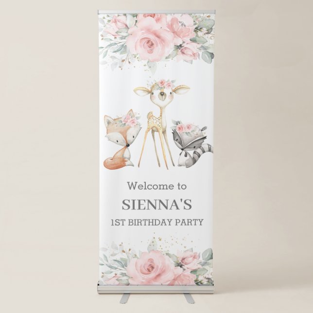 Chic Woodland Animal Pink Floral Birthday Welcome Retractable Banner (Front)
