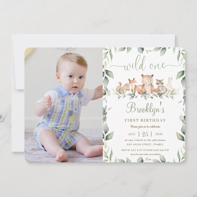 Chic Woodland Animals 1st Birthday Wild One Photo Invitation (Front)