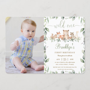 Chic Woodland Animals 1st Birthday Wild One Photo Invitation