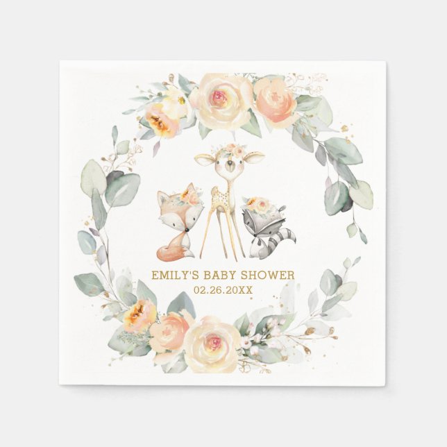 Chic Woodland Animals Baby Shower Yellow Floral Napkins (Front)