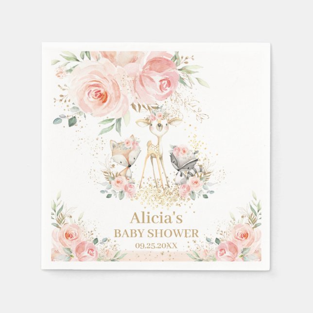 Chic Woodland Animals Blush Floral Baby Shower Napkins (Front)