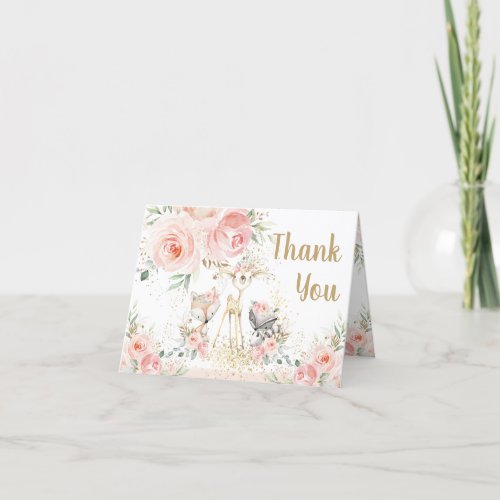 Chic Woodland Animals Blush Floral Baby Shower Thank You Card