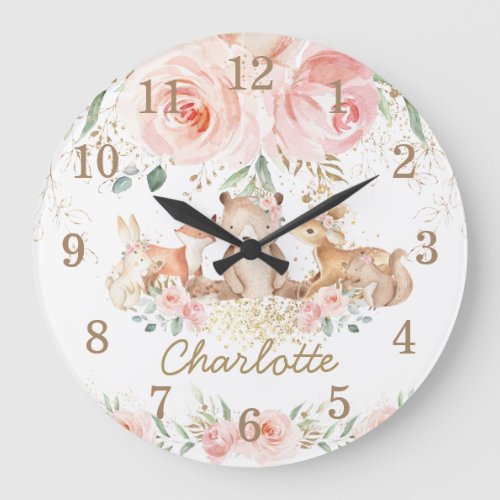 Chic Woodland Animals Blush Floral Girl Bedroom Large Clock