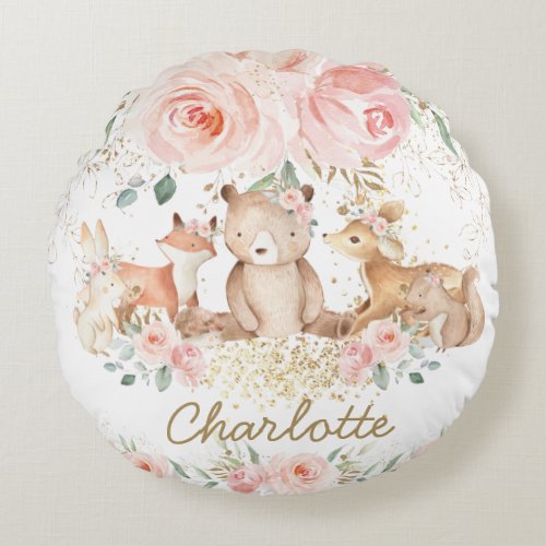 Chic Woodland Animals Blush Floral Girl Bedroom  Round Pillow