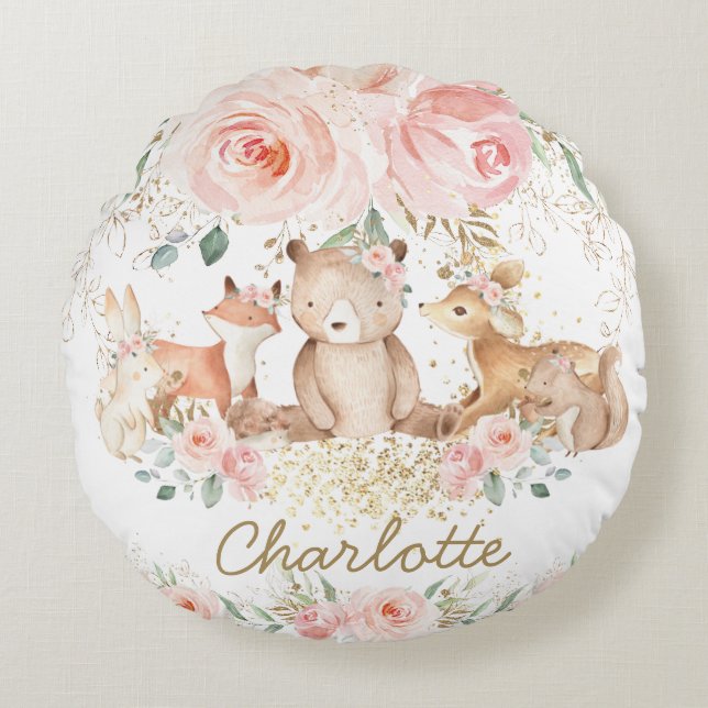 Chic Woodland Animals Blush Floral Girl Bedroom  Round Pillow (Front)