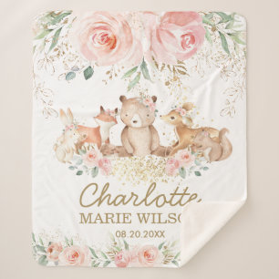 Chic Woodland Animals Blush Floral New Baby Girl Sherpa Blanket