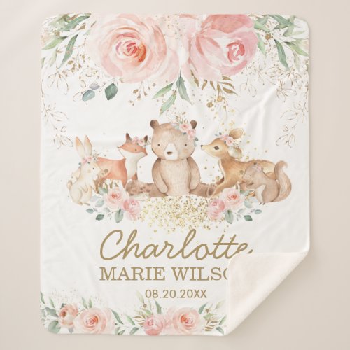Chic Woodland Animals Blush Floral New Baby Girl Sherpa Blanket