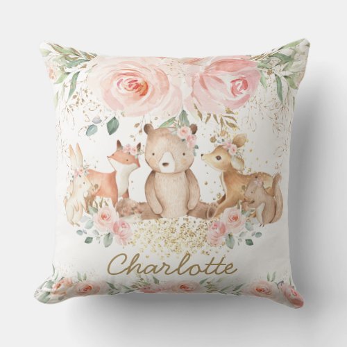 Chic Woodland Animals Blush Floral New Baby Girl Throw Pillow