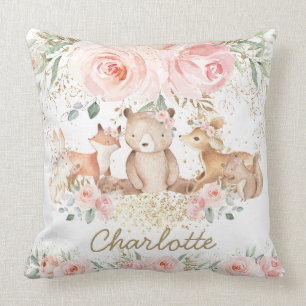 Chic Woodland Animals Blush Floral New Baby Girl Throw Pillow