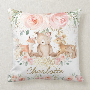 Chic Woodland Animals Blush Floral New Baby Girl Throw Pillow