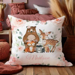 Chic Woodland Animals Blush Pink Floral Nursery  Throw Pillow<br><div class="desc">Personalize this chic cushion today. Featuring pretty soft blush flowers and an cute woodland animals. This chic design goes great with any nursery / children's bedroom decor.  A great unique gift for mom or parents-to-be.  Matching items available in store! (c) The Happy Cat Studio.</div>