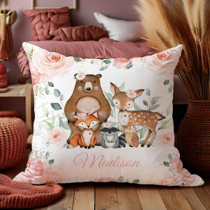 Chic Woodland Animals Blush Pink Floral Nursery  Throw Pillow