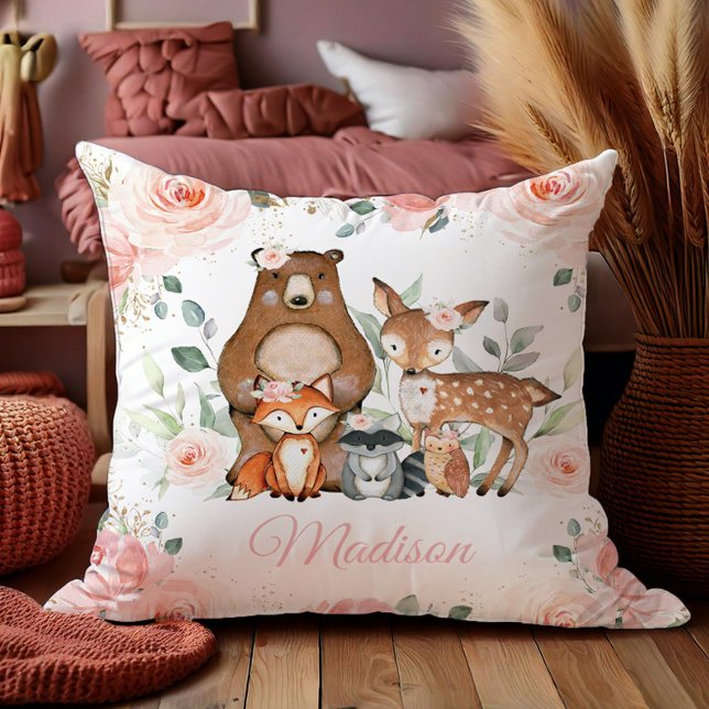 Chic Woodland Animals Blush Pink Floral Nursery  Throw Pillow (Creator Uploaded)