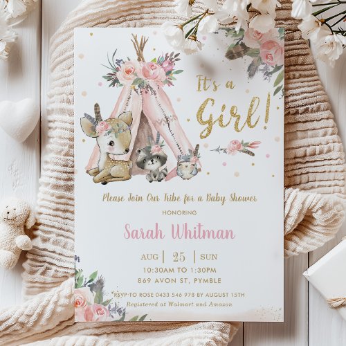 Chic Woodland Animals Boho Tribal Girl Baby Shower Invitation