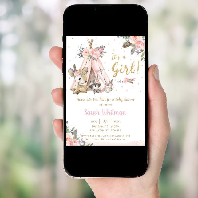 Chic Woodland Animals Boho Tribal Girl Baby Shower Invitation (Front Digital)