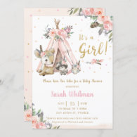 Chic Woodland Animals Boho Tribal Girl Baby Shower Invitation