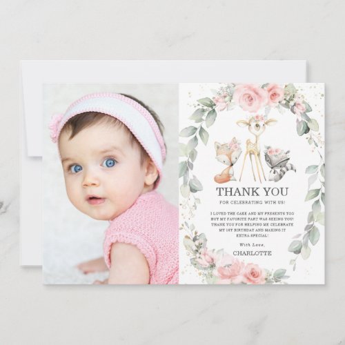 Chic Woodland Animals Floral 1st Birthday Photo Thank You Card