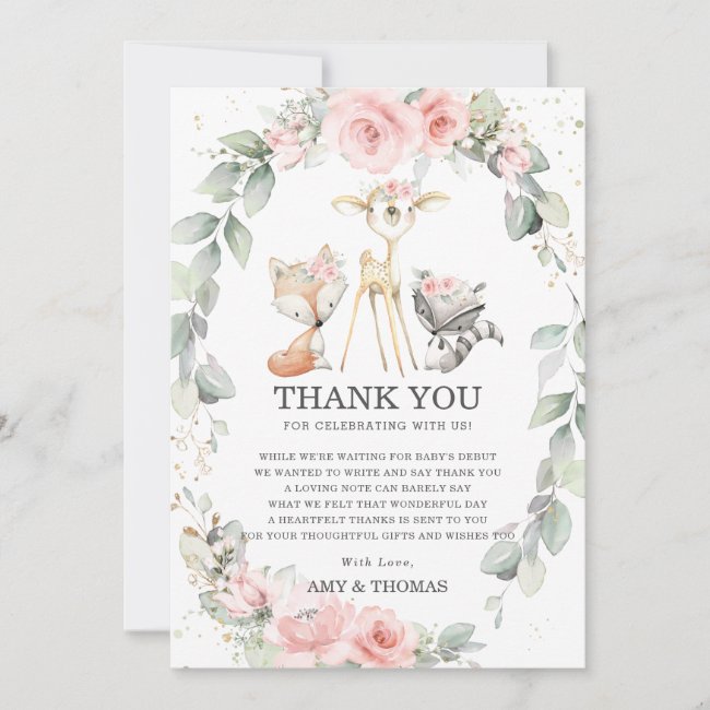 Chic Woodland Animals Floral Greenery Baby Shower Thank You Card