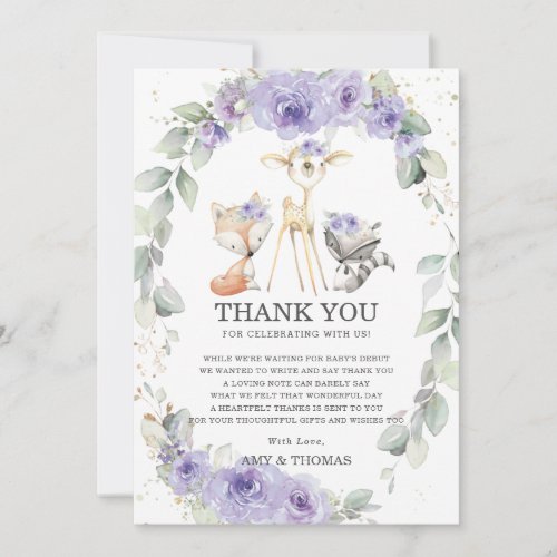 Chic Woodland Animals Floral Greenery Baby Shower  Thank You Card