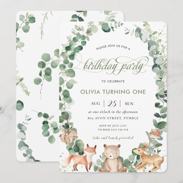 Chic Woodland Animals Greenery 1st Birthday Party Invitation (Front/Back)
