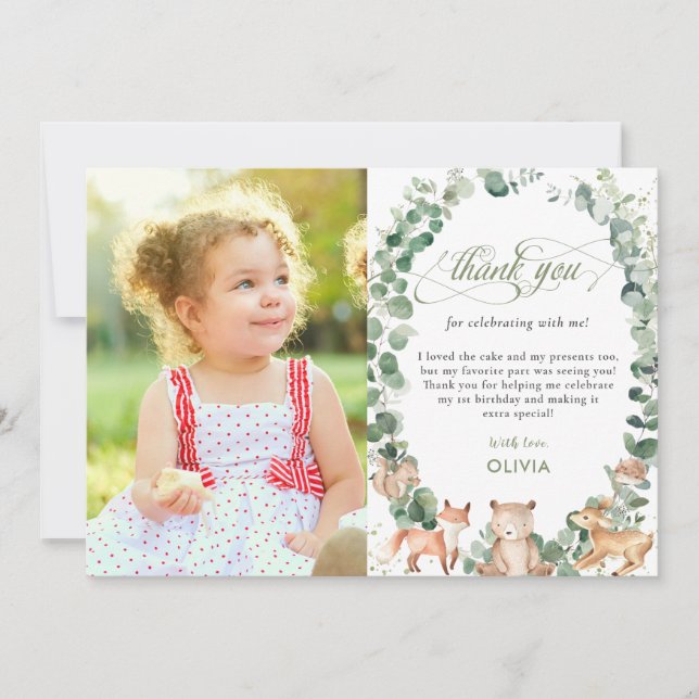 Chic Woodland Animals Greenery 1st Birthday Photo  Thank You Card (Front)