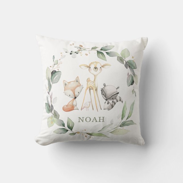 Chic Woodland Animals Greenery Baby Nursery Throw Pillow (Front)