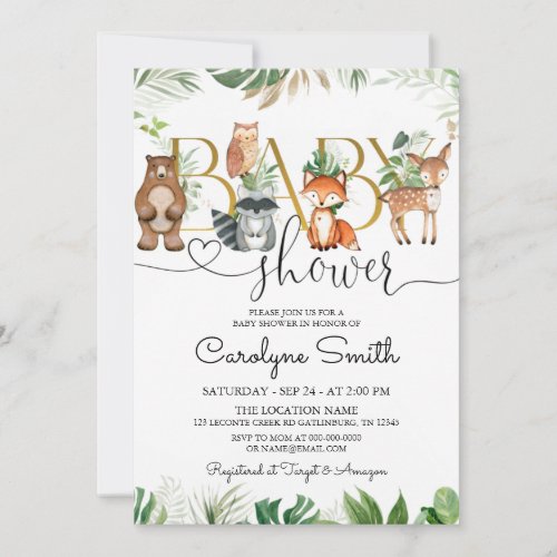 Chic Woodland Animals Greenery Baby Shower Invitation