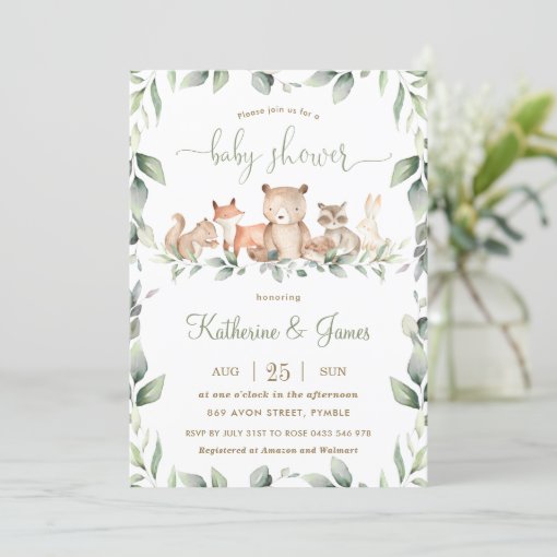 Chic Woodland Animals Greenery Baby Shower Neutral Invitation | Zazzle