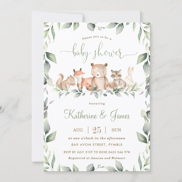 Chic Woodland Animals Greenery Baby Shower Neutral Invitation | Zazzle