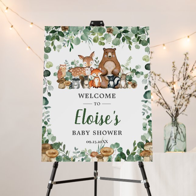 Chic Woodland Animals Greenery Baby Shower Welcome Foam Board (In Situ (Stand))