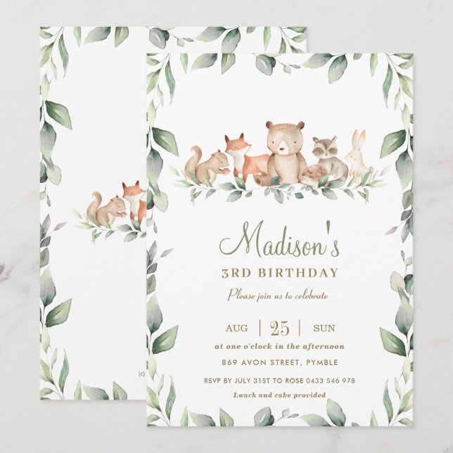 Chic Woodland Animals Greenery Birthday Boy Girl Invitation (Front/Back)