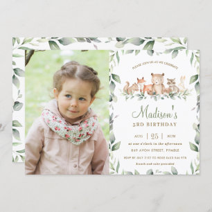 Chic Woodland Animals Greenery Birthday Photo Invitation