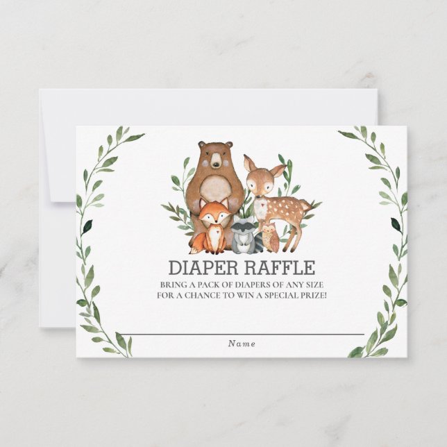 Chic Woodland Animals Greenery Diaper Raffle Card (Front)