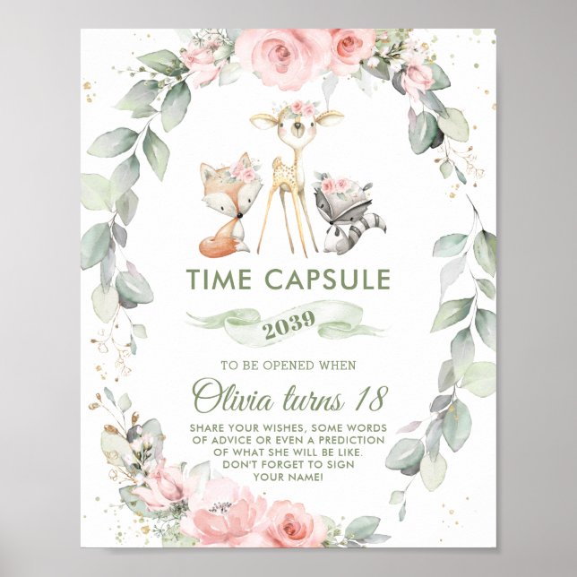 Chic Woodland Animals Greenery Floral Time Capsule Poster (Front)