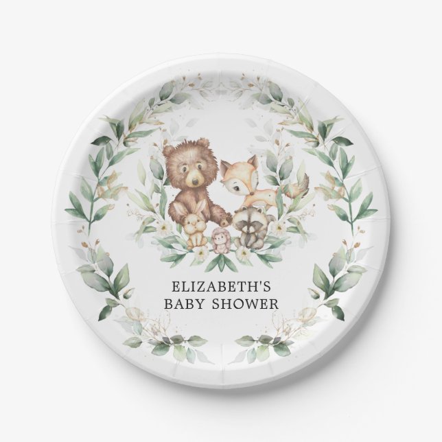 Chic Woodland Animals Greenery Forest Baby Shower Paper Plates (Front)