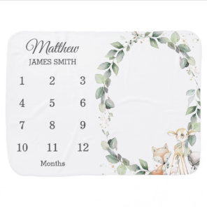 Chic Woodland Animals Greenery Monthly Milestone Baby Blanket