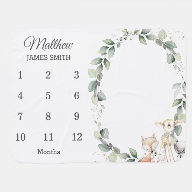 Chic Woodland Animals Greenery Monthly Milestone Baby Blanket (Horizontal)